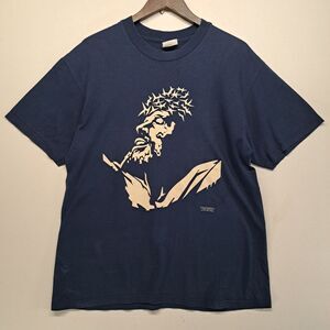 Vintage Jesus T Shirt 90s Y2K Large Hanes Heavyweight Navy Religious Graphic